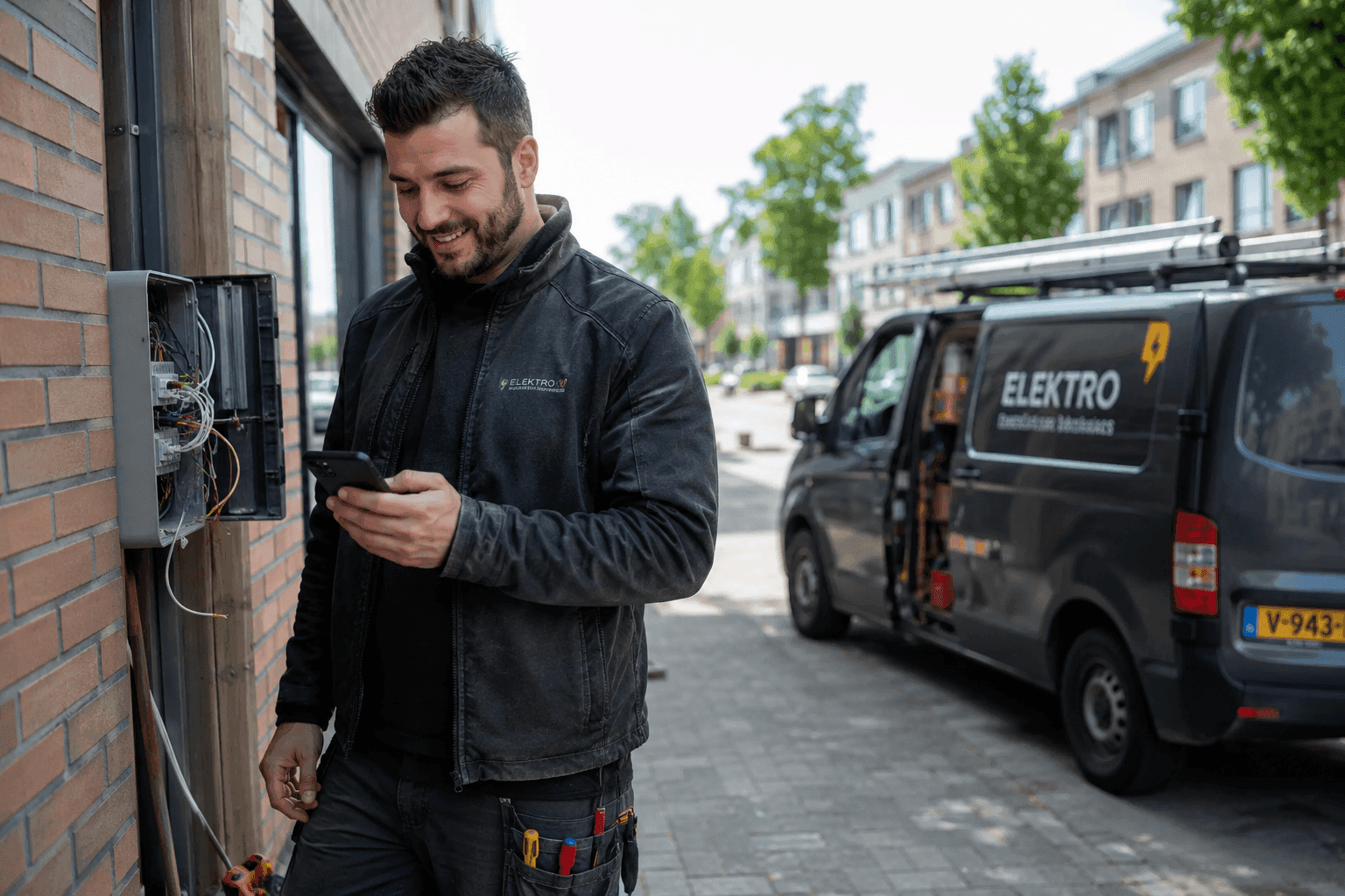 Electrician using his phone beside a work van